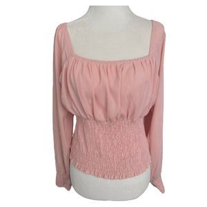 New Glory Blush Pink Square Neck Frill Smocked Ruffle Long Sleeve Cropped Blouse